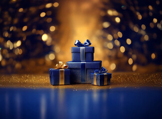 Aufkleber - A stack of navy blue presents with gold ribbon sits on a glittering surface,  backlit by warm, blurry lights.  Perfect for a celebratory occasion.