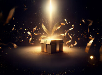 Poster - A golden gift box radiates light, surrounded by swirling ribbons and glittering confetti in a dark, dramatic setting.  Magic and wonder emanate from within.