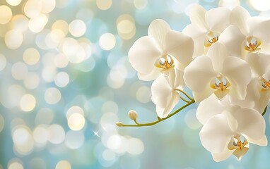 Poster - White orchids on a sparkling bokeh background for serene designs