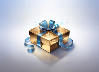 Poster - A glistening gold gift box, adorned with a vibrant blue ribbon, sits on a light background.  Water droplets splatter around it, adding a sense of surprise and freshness.