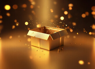 Aufkleber - An open golden cardboard box sits on a reflective surface, bathed in a spotlight.  Golden confetti sparkles around it, creating a magical, celebratory atmosphere.