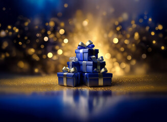 Poster - A stack of elegantly wrapped blue gifts with gold ribbons sits on a sparkling gold surface, illuminated by warm, blurry lights. Festive and luxurious.