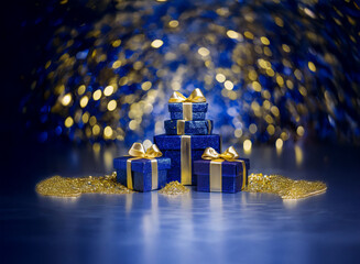Poster - Blue and gold wrapped gifts sit on a reflective surface amidst scattered gold glitter against a sparkling blue and gold bokeh background.  A festive image ideal for holiday celebrations.