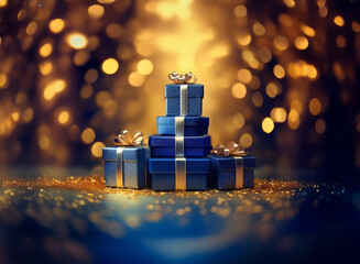 Poster - A stack of navy blue gifts with gold ribbons sits on a glittering surface,  backlit by warm golden bokeh lights, suggesting a festive occasion.