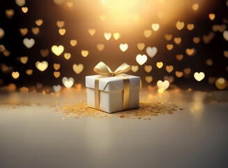 Poster - A white gift box with a gold ribbon sits on a gold glitter surface.  Bokeh hearts in gold and white surround it, creating a romantic, celebratory mood.