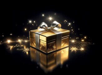 Poster - A golden gift box with a silver ribbon sits on a reflective black surface, surrounded by sparkling lights and glitter.  Magical, luxurious, and celebratory.