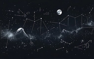 Poster - Night sky with constellations, moon, mountains, and Milky Way