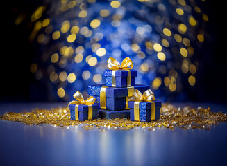 Poster - Blue and gold gift boxes, adorned with elegant bows, are stacked against a shimmering, bokeh background.  The scene evokes feelings of celebration and luxury.