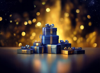 Poster - A stack of elegantly wrapped blue and gold gifts sits on a reflective surface, illuminated by a warm, bokeh-filled background suggesting a festive season.