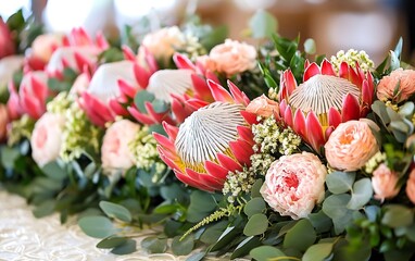 Aufkleber - Pink protea and rose centerpiece on table at indoor event