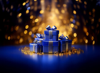 Poster - A stack of navy blue gifts with silver ribbons sits on a reflective surface.  Warm, golden bokeh lights create a festive backdrop. Perfect for holiday celebrations.