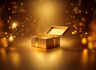 Aufkleber - A golden gift box sits open, emitting a magical golden glow amidst sparkling particles.  A sense of wonder and excitement fills the scene.