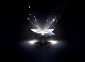 Aufkleber - A dark, sleek box radiates bright light, emanating from its open top.  Glowing particles stream outwards, hinting at wonder and discovery within.