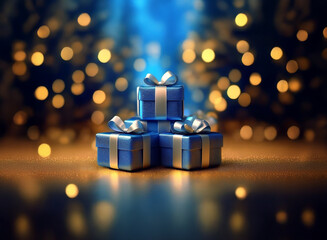 Poster - A stack of blue presents with silver ribbons sits on a shimmering surface, illuminated by warm golden bokeh lights and a cool blue background.  The scene evokes a festive, celebratory mood.