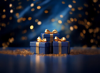 Poster - Three navy blue gift boxes with gold ribbon bows sit on a dark surface adorned with gold glitter, against a bokeh background of blue and gold lights.  A festive, celebratory scene.