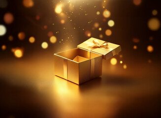 Aufkleber - A luxurious, open gold gift box sits on a dark, reflective surface.  Golden light emanates from within, surrounded by shimmering bokeh.  It suggests anticipation and a precious gift.