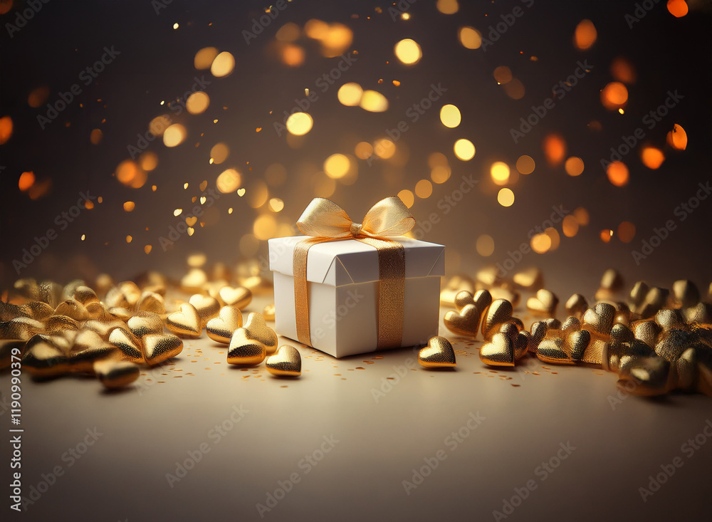 A white gift box with a gold ribbon sits amidst a scattering of golden ...