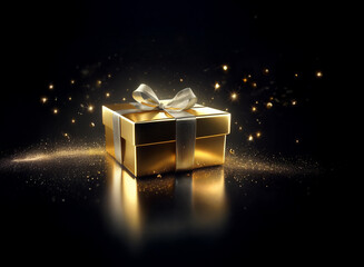 Poster - A golden gift box with a silver ribbon sits on a dark reflective surface, surrounded by sparkling dust.  Magic and celebration are implied.