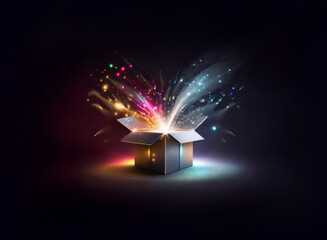 Aufkleber - A dark box sits open, emitting vibrant, colorful light trails and sparkles.  The magical glow suggests wonder and excitement.