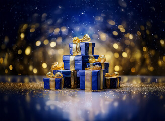 Poster - A stack of navy blue presents with gold ribbon sits on a sparkling surface against a bokeh background of gold and blue.  A festive winter scene.