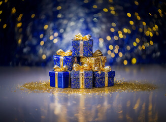 Poster - A pyramid of small, blue and gold gift boxes sits on a glittering surface against a bokeh background of blue and gold lights.  Perfect for a festive season greeting.