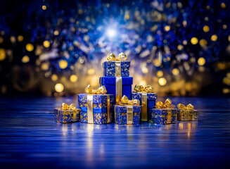 Poster - A stack of blue and gold wrapped gifts sits on a dark blue wooden floor against a shimmering blue and gold holiday backdrop.  The scene evokes feelings of celebration and generosity.