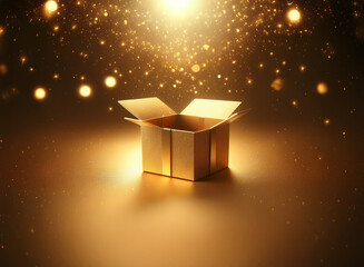 Aufkleber - An open cardboard gift box with a gold ribbon sits on a shimmering gold surface, illuminated by magical golden light and sparkling particles.  A sense of wonder and anticipation is evoked.
