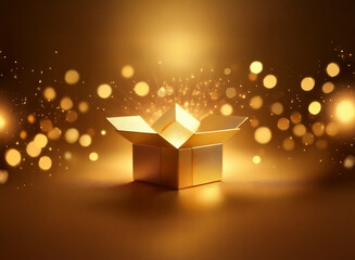 Aufkleber - A golden gift box radiates light, sparkling particles burst from within, creating a magical, celebratory ambiance.  The bokeh effect enhances the festive mood.