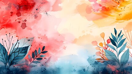 Aufkleber - Vibrant watercolor-inspired artwork with abstract leaves and splashes