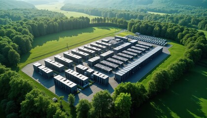 Poster - Aerial view of modern data center facility. Server infrastructure surrounded by rich green valley, trees. Eco-friendly tech facility in serene valley. High-tech data processing center. Sustainable