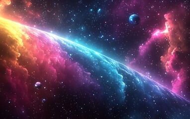 Poster - Colorful nebula, planets, stars. Cosmic background for sci-fi projects