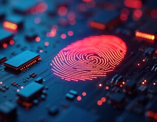 Poster - Digital fingerprint on tech circuit board. Biometric identification. Advanced cyber security illustration. Secure data protection concept. Modern AI tech illustration. Futuristic tech. Network