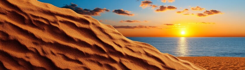 Wall Mural - Sunset Dunes: A dramatic, textural close-up of windswept dunes against a breathtaking sunset over the ocean, evoking a sense of vastness, serenity, and the boundless beauty of nature.