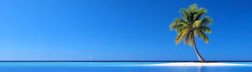 Wall Mural - Solitary Palm on Tropical Beach: A single palm tree stands elegantly on a small, pristine beach, its fronds gently swaying against a vibrant blue sky and tranquil turquoise sea.