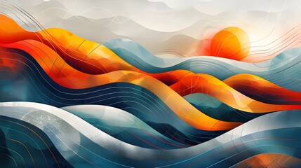 Poster - Abstract landscape painting orange sun blue waves contemporary art modern artwork print