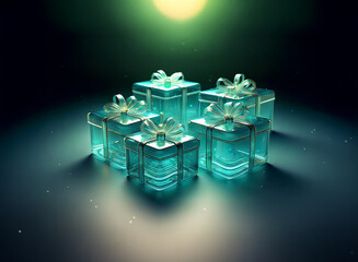 Poster - Luminous teal glass gift boxes with elegant bows sit on a dark surface, illuminated by a soft green light, creating a magical, festive scene.