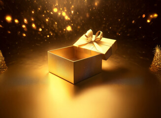 Poster - An empty golden gift box sits open, revealing nothing but a warm, glittering, festive background.  Sparkling lights and gold accents surround the present.