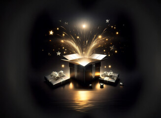 Aufkleber - A black gift box bursts open, revealing a magical golden light and sparkling stars.  Surrounding it are smaller, elegantly wrapped presents.  The scene is dark and mysterious, yet filled with wonder.