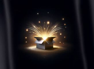 Poster - An open gray cardboard box emits a radiant golden firework-like burst of light against a dark background, suggesting wonder and surprise.  The scene is dramatic and mysterious.