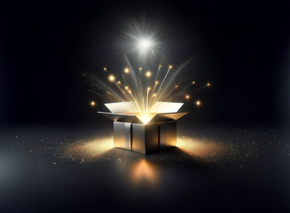 Aufkleber - A dark, mysterious box bursts open, revealing a brilliant, golden light and sparkling fireworks.  It evokes wonder and the anticipation of a magical surprise.