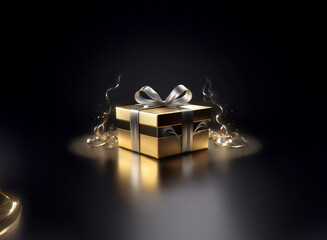Poster - A luxurious gold gift box with a silver ribbon sits on a reflective dark surface, surrounded by shimmering confetti, suggesting celebration and surprise.