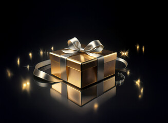 Poster - A gold gift box with a silver ribbon sits on a reflective surface, surrounded by sparkling lights.  The scene is elegant and celebratory.