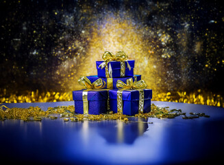 Poster - A stack of blue gifts with gold ribbons sits on a reflective surface, surrounded by golden sparkles against a dark, starry backdrop.  Perfect for a celebratory occasion.
