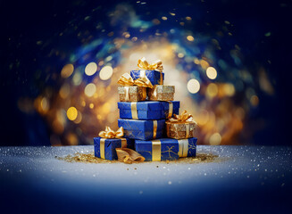 Poster - A stack of navy blue and gold wrapped gifts sits on a snowy surface against a shimmering, dark blue background with bokeh lights.  The scene evokes a feeling of holiday celebration and generosity.