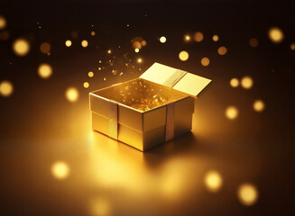 Aufkleber - A golden gift box, slightly ajar, reveals sparkling golden dust amidst a bokeh of warm lights.  Magic and wonder fill the scene.