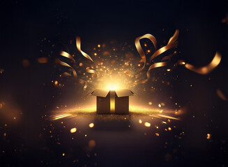 Poster - A magically opened gift box radiates golden light and sparkles, surrounded by glittering confetti and ribbons.  A sense of wonder and celebration fills the dark background.