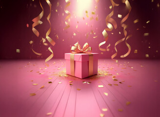 Poster - A pink gift box with a gold ribbon sits under a spotlight, surrounded by falling gold confetti on a pink wooden floor.  A celebratory scene.