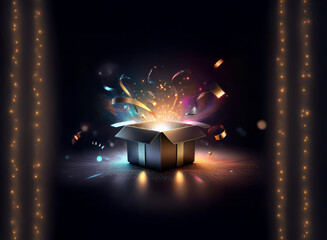 Aufkleber - A dark, mysterious gift box bursts open, revealing a vibrant explosion of colorful confetti, ribbons, and sparkling light.  Magical, celebratory, and full of wonder.