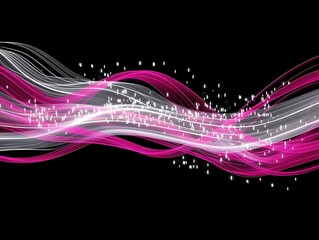 Poster - Pink and white wavy lines with sparkling particles on black background