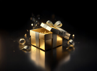 Aufkleber - A luxurious gold gift box, adorned with a silver ribbon, sits open, revealing glittering confetti.  Surrounding it are scattered ribbons and a magical glow.
